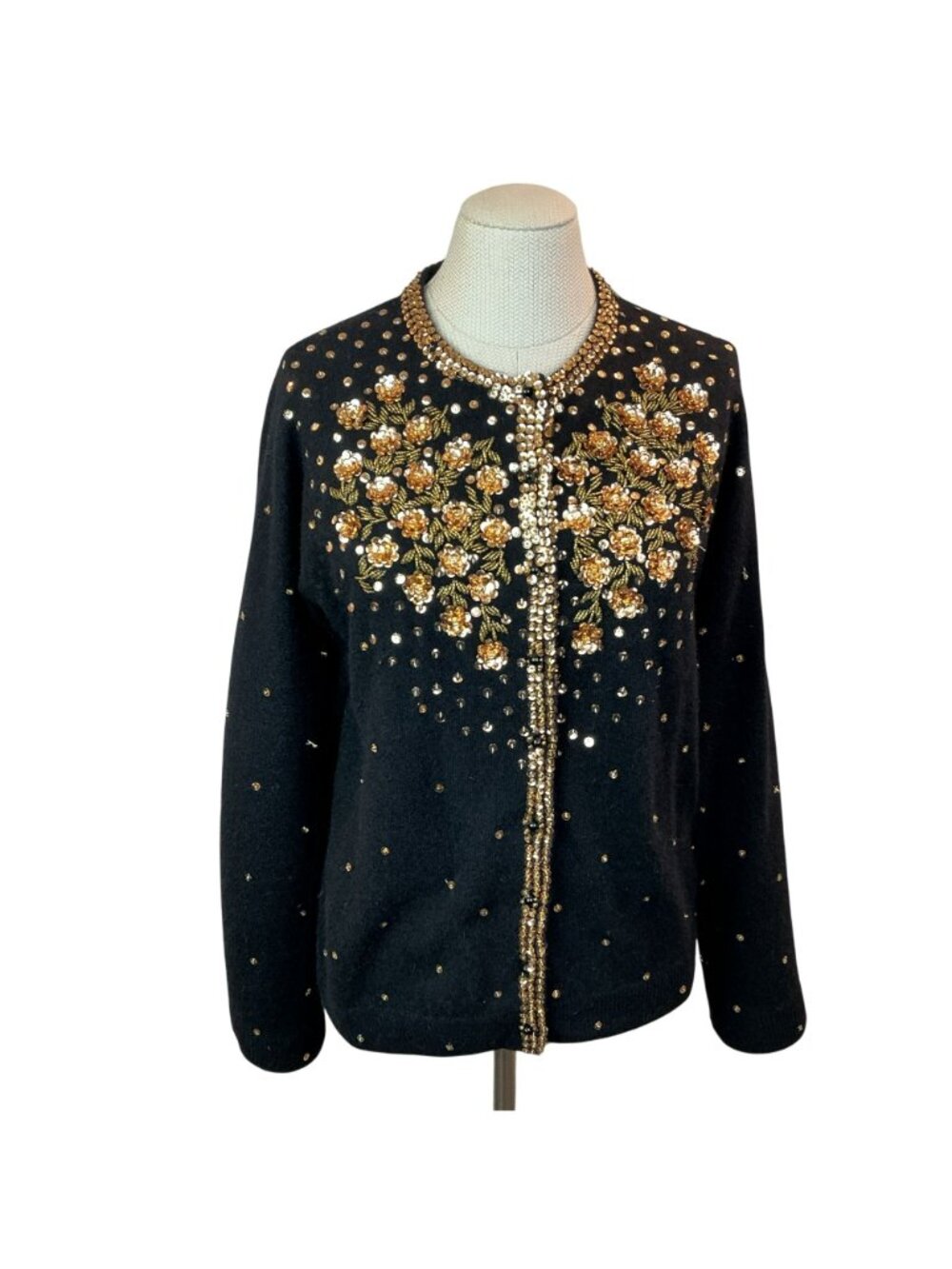 Vintage Black Cardigan Beaded With Gold Floral Embellishments & Sequins 48 - Picture 4 of 10
